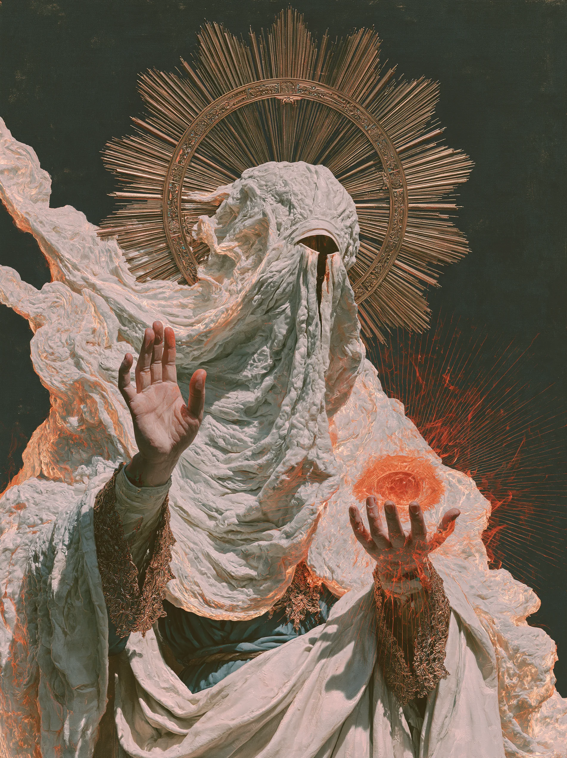 A white veiled figure with a gold halo and glowing ember held in one hand