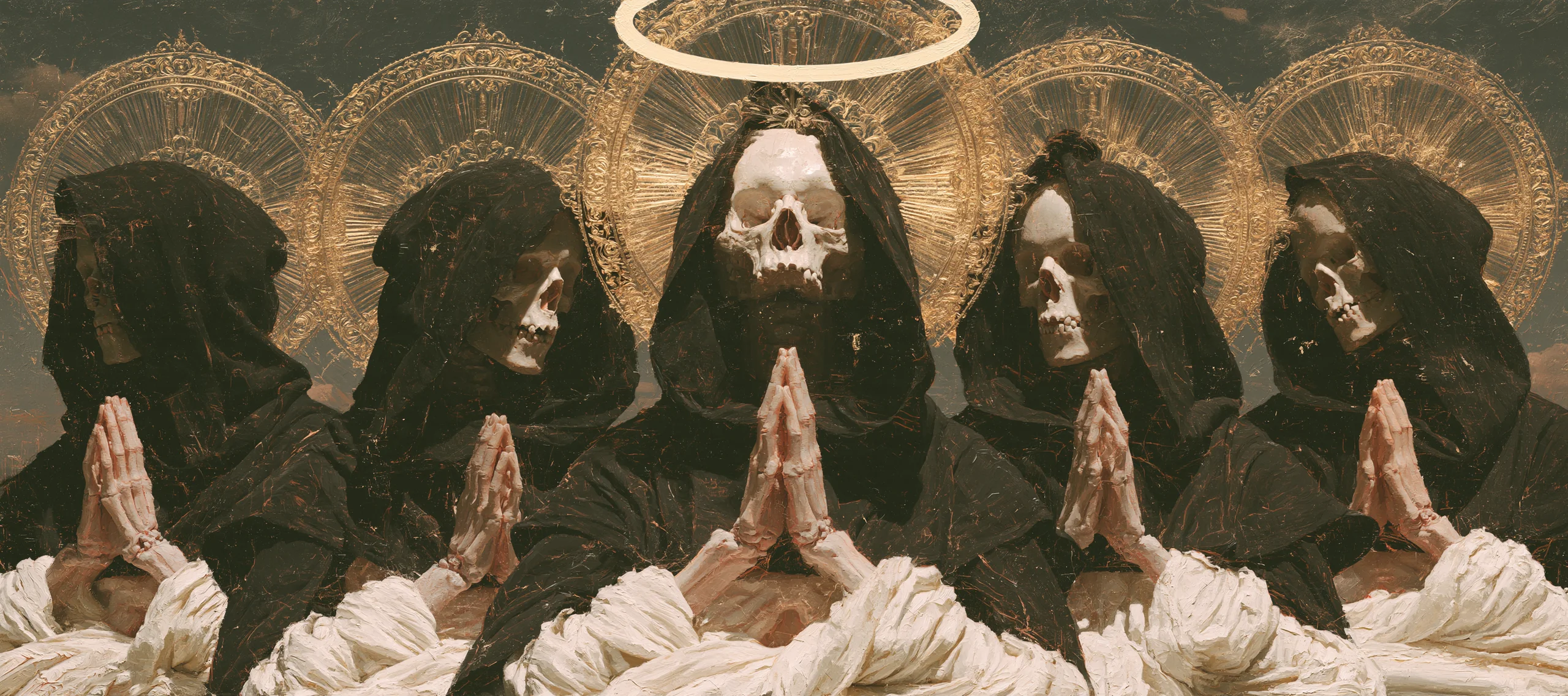 Five dark robed figures with skull faces and golden halos