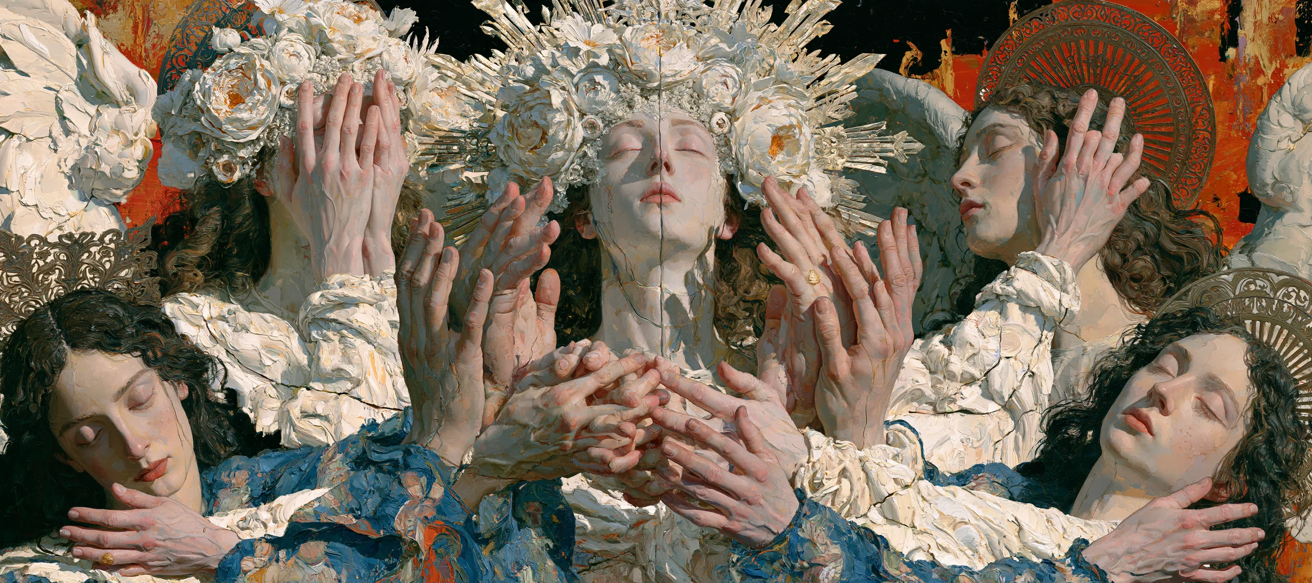 A central crowned figure surrounded by faces and reaching hands