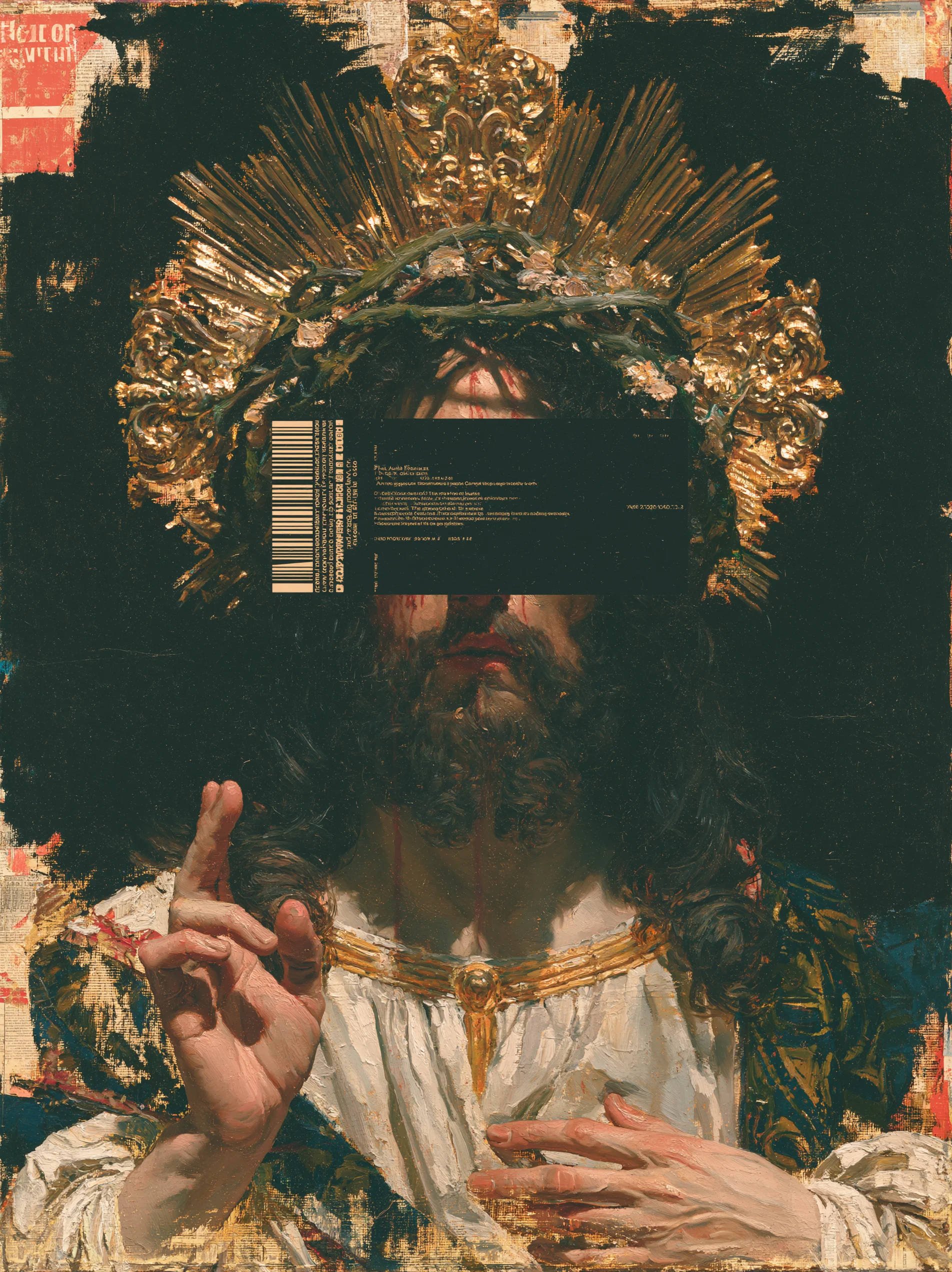 A bearded figure in a gold crown with a dark band across the eyes