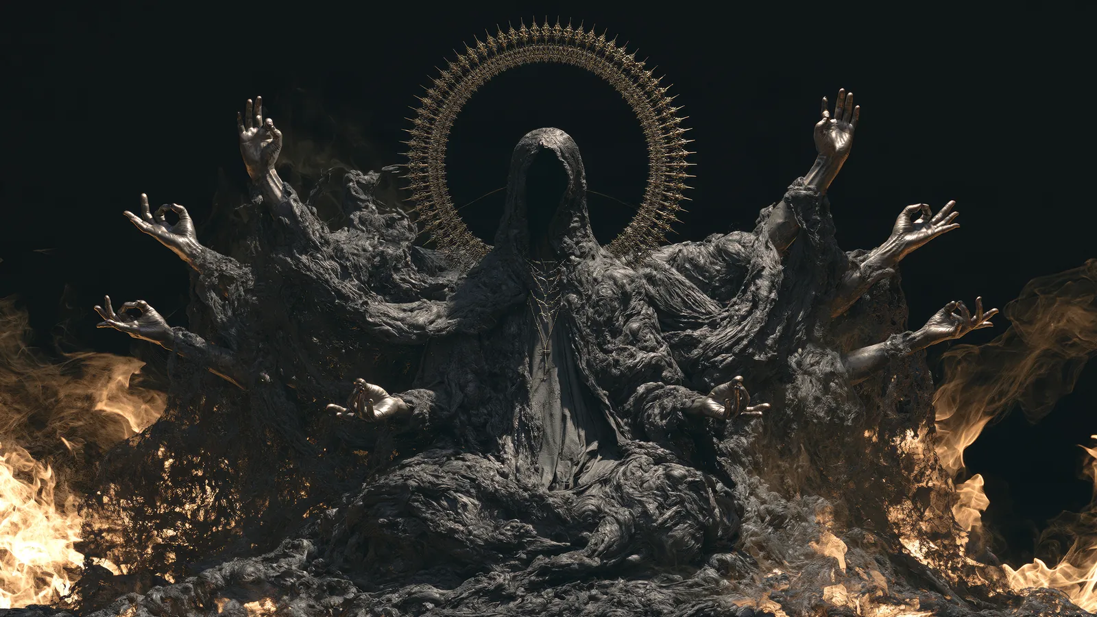 Saint of Darkness, a shadowed veiled figure with a golden halo and many hands